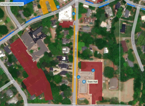 Map showing parking around Davidson Town Hall Auditorium